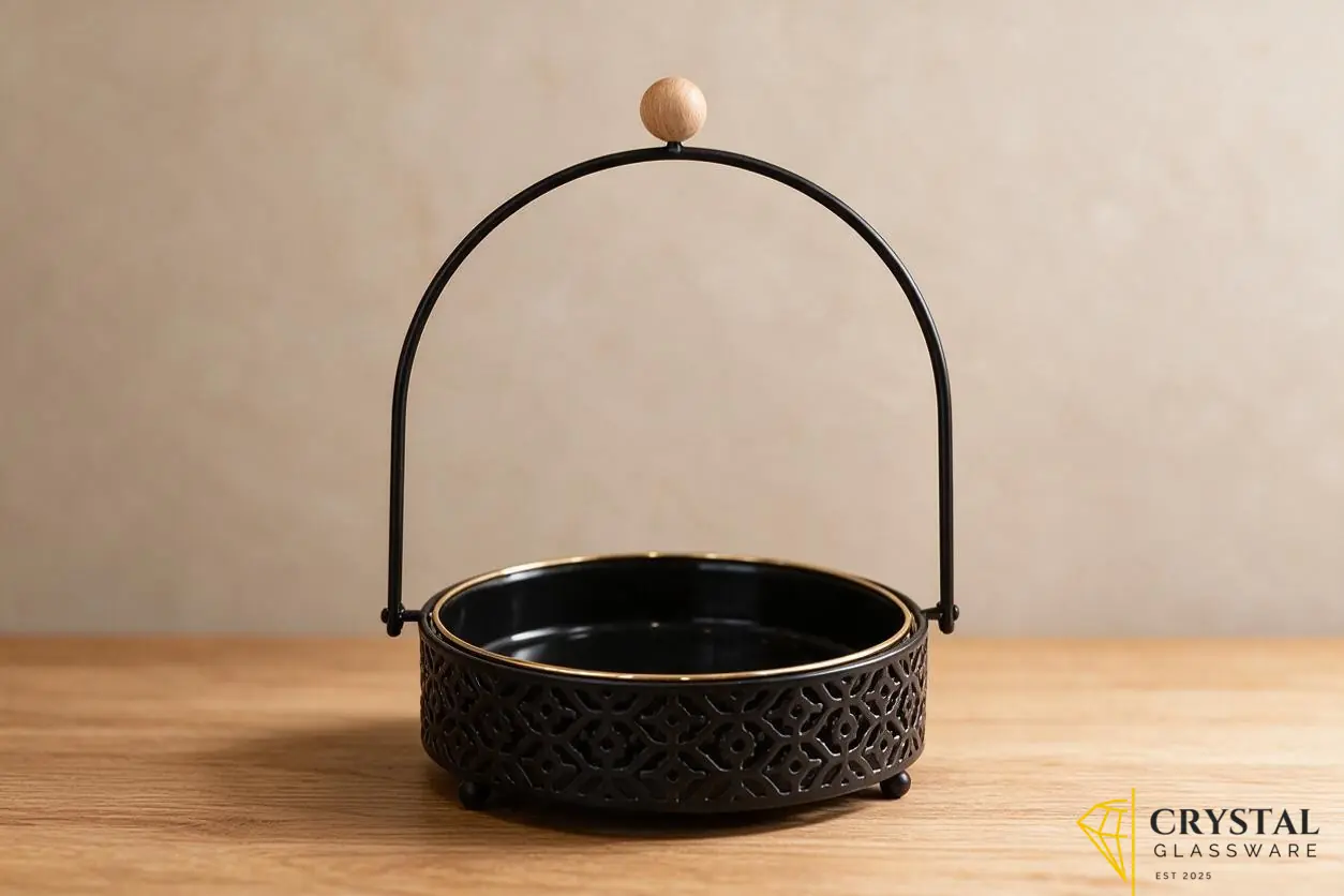 Black elegant serving platter with integrated stand — Crystal Glassware Pakistan